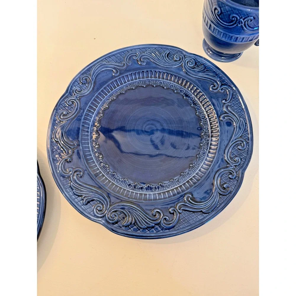 Fitz And Floyd Ricamo 4-Piece Place Setting Blue Stoneware Dinner Salad Bowl Mug
